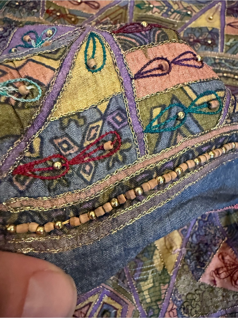 African Wrapper Dress Blue Purple Green Floral & Geometric Print Beaded Fabric - Picture 3 of 7